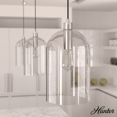 Hunter - Lochemeade 1-light Brushed Nickel, Small Pendant Light, Dimmable, Transitional Style, Cylinder Shaped, for Bedrooms, Kitchens, Dining, Living Rooms - 19203