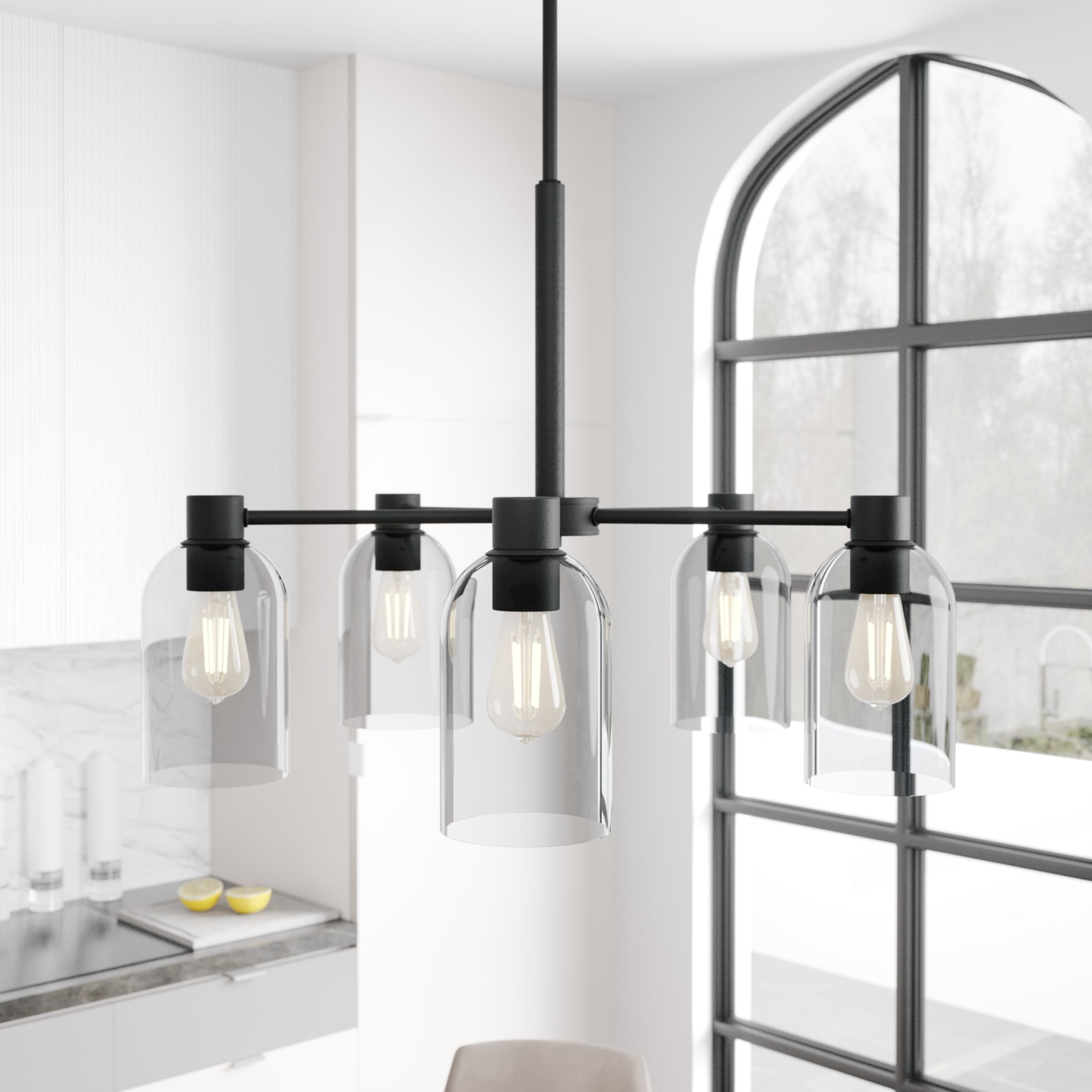 Black Iron 5-Light Chandelier with Smoked Glass Shades