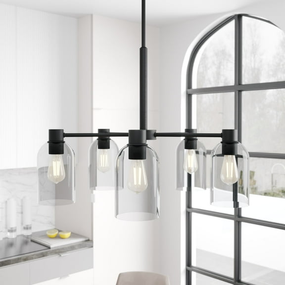 Hunter - Lochemeade 5-light Natural Black Iron, Large Chandelier, Dimmable, Modern Style, Candle Shaped, for Bedrooms, Dining, Living Rooms - 19198