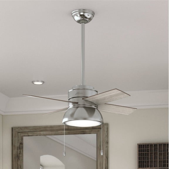 Hunter 36 inch Small Indoor Ceiling Fan with LED Light and Pull Chain - Standard Mount Ceiling Fan, 4 Blades, For Bedroom, Home Office, or Laundry Room, Quiet - Loki 51040, Brushed Nickel