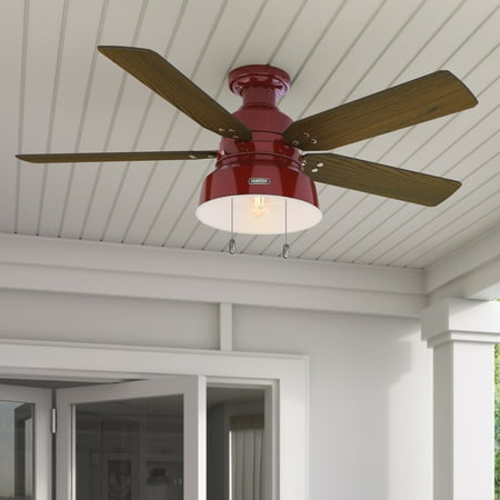 Hunter - Mill Valley Indoor/Outdoor Low Profile Ceiling Fan With Light, 52-inch, Barn Red, Rustic-style, 3-speed WhisperWind Motor, 59312, for Porches, Bathrooms