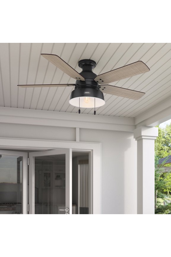52 inch Outdoor or Indoor Ceiling Fan with LED Light - Rustic Ceiling Fan with Pull Chain, For Bedroom, Living Room, or Patio, Low Profile Mount, No Remote - Mill Valley 59310, Matte Black