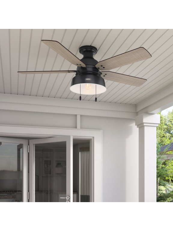 52 inch Outdoor or Indoor Ceiling Fan with LED Light - Rustic Ceiling Fan with Pull Chain, For Bedroom, Living Room, or Patio, Low Profile Mount, No Remote - Mill Valley 59310, Matte Black