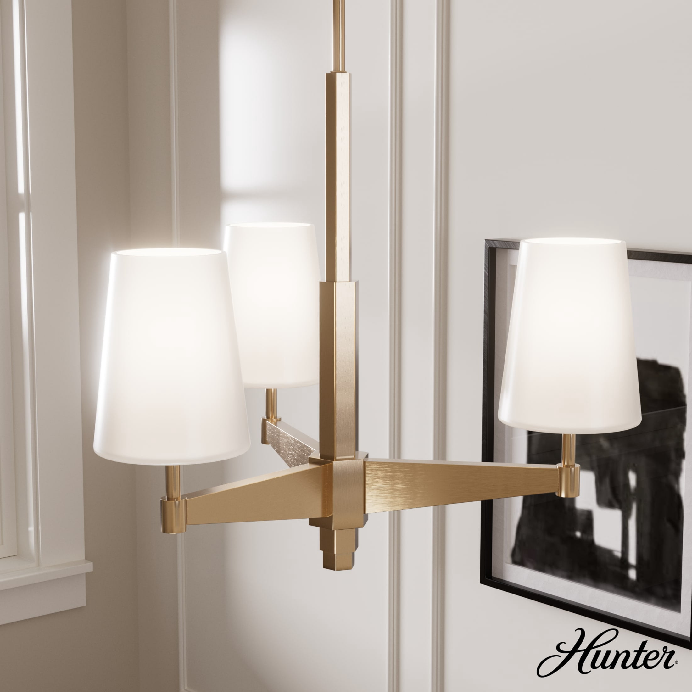 Hunter - Nolita 3-light Alturas Gold, Medium Size Chandelier, Dimmable, Modern Style, Candle Shaped, for Bedrooms, Dining, Living Rooms - 19878