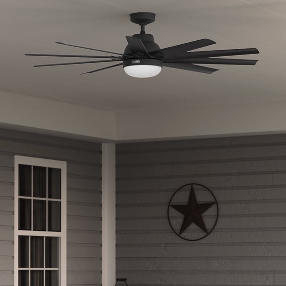 Hunter 60 inch Outdoor or Indoor Ceiling Fan with LED Light - Black Ceiling Fan with Wall Control, For Patio, Garage, or Porch, Quiet, Standard Mount, 10 Blades - Overton 52615, Matte Black