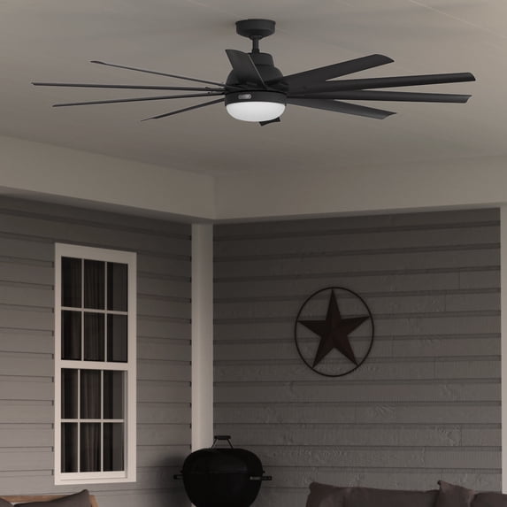 Hunter 72 inch Outdoor or Indoor Ceiling Fan with LED Light - Black Ceiling Fan with Wall Control, For Patio, Garage, or Porch, Quiet, Standard Mount, 10 Blades - Overton 52618, Matte Black