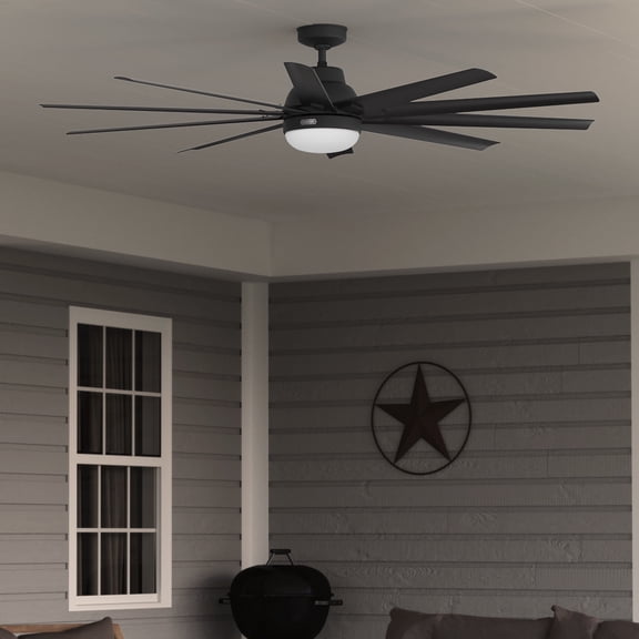 Hunter 72 inch Outdoor or Indoor Ceiling Fan with LED Light - Black Ceiling Fan with Wall Control, For Patio, Garage, or Porch, Quiet, Standard Mount, 10 Blades - Overton 52618, Matte Black