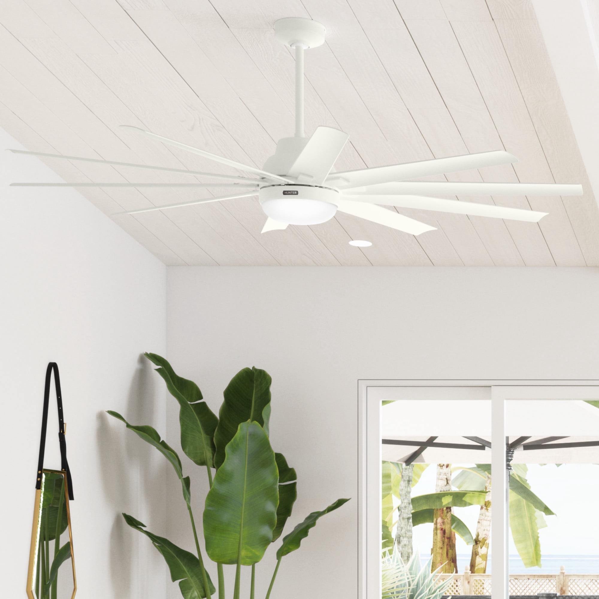 Hunter 72 inch Outdoor or Indoor Ceiling Fan with LED Light - White Ceiling Fan with Wall Control, For Patio, Garage, or Porch, Quiet, Standard Mount, 10 Blades - Overton 50717, Matte White