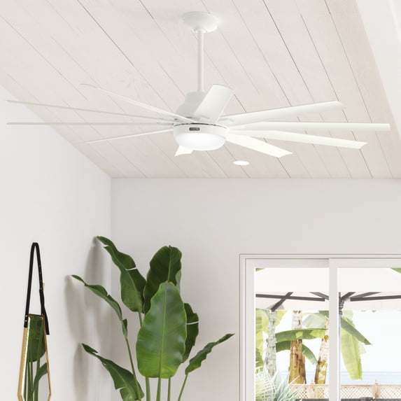 Hunter 72 inch Outdoor or Indoor Ceiling Fan with LED Light - White Ceiling Fan with Wall Control, For Patio, Garage, or Porch, Quiet, Standard Mount, 10 Blades - Overton 50717, Matte White