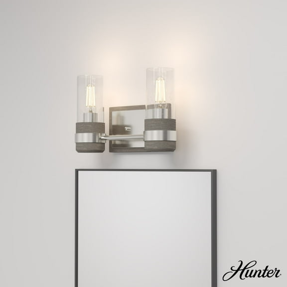 Hunter - River Mill 2-light Brushed Nickel, Small Vanity Light, Dimmable, Rustic Style, Rectangle Shaped, for Bedrooms, Dining, Living Rooms - 19465