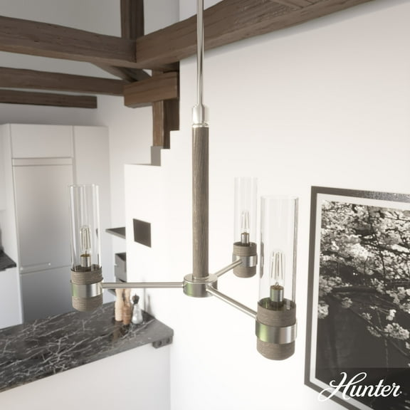 Hunter - River Mill 3-light Brushed Nickel, Medium Size Chandelier, Dimmable, Rustic Style, Candle Shaped, for Bedrooms, Dining, Living Rooms - 19473