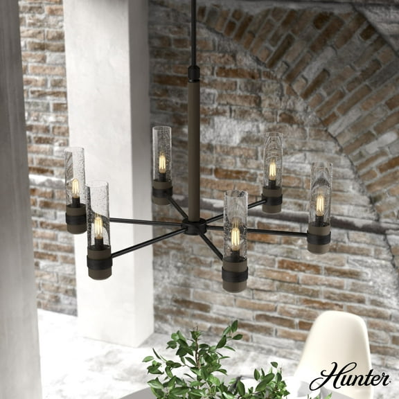 Hunter - River Mill 6-light Rustic Iron, Large Chandelier, Dimmable, Rustic Style, Candle Shaped, for Bedrooms, Dining, Living Rooms - 19476
