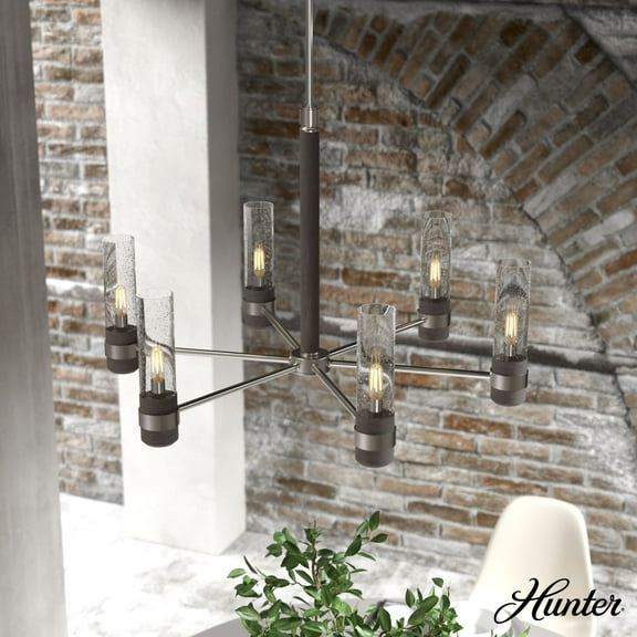 Hunter - River Mill 6-light Brushed Nickel, Large Chandelier, Dimmable, Rustic Style, Candle Shaped, for Bedrooms, Dining, Living Rooms - 19477