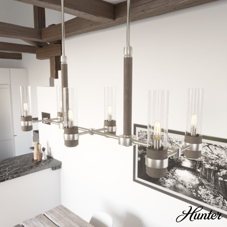 Hunter - River Mill 6-light Brushed Nickel, Large Chandelier, Dimmable, Rustic Style, Linear Shaped, for Bedrooms, Dining, Living Rooms - 19471