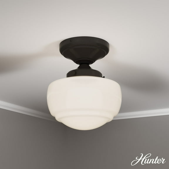 Hunter - Saddle Creek 1-light Noble Bronze, Small Flush Mount Light, Dimmable, Schoolhouse Style, Schoolhouse Shaped, for Bedrooms, Dining, Living Rooms - 19113