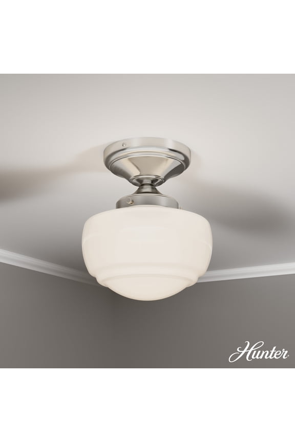 - Saddle Creek 1-light Brushed Nickel, Small Flush Mount Light, Dimmable, Schoolhouse Style, Schoolhouse Shaped, for Bedrooms, Dining, Living Rooms - 19048