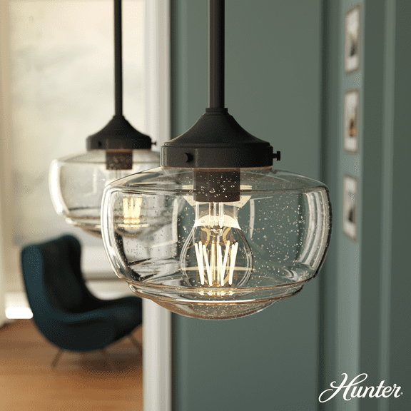 Hunter - Saddle Creek 1-light Noble Bronze, Small Pendant Light, Dimmable, Schoolhouse Style, Schoolhouse Shaped, for Bedrooms, Kitchens, Dining, Living Rooms - 19046