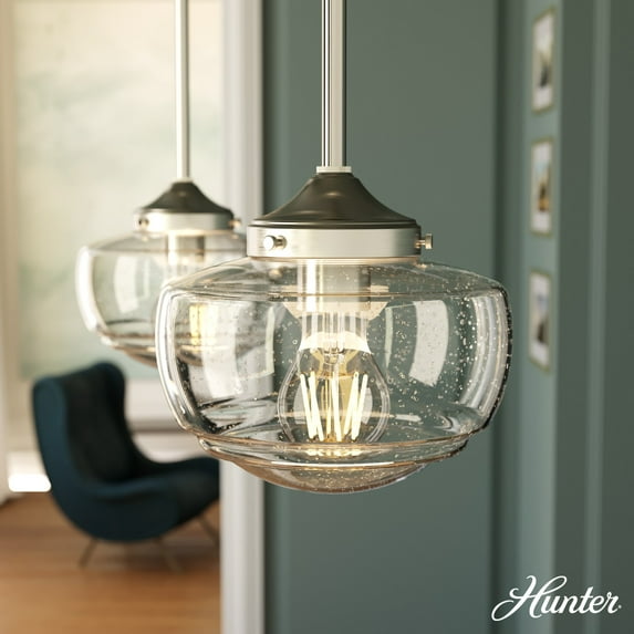 Hunter - Saddle Creek 1-light Brushed Nickel, Small Pendant Light, Dimmable, Schoolhouse Style, Schoolhouse Shaped, for Bedrooms, Dining, Living Rooms - 19029