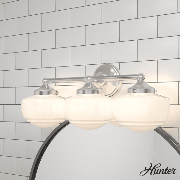 Hunter - Saddle Creek 3-light Brushed Nickel, Medium Size Vanity Light, Dimmable, Schoolhouse Style, for Bedrooms, Kitchens, Dining, Living Rooms - 19460