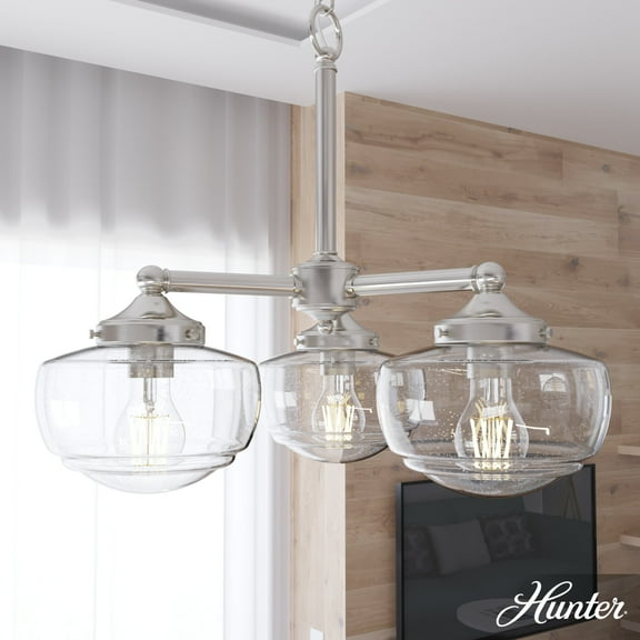Hunter - Saddle Creek 3-light Brushed Nickel, Medium Size Chandelier, Dimmable, Schoolhouse Style, Candle Shaped, for Bedrooms, Dining, Living Rooms - 19356
