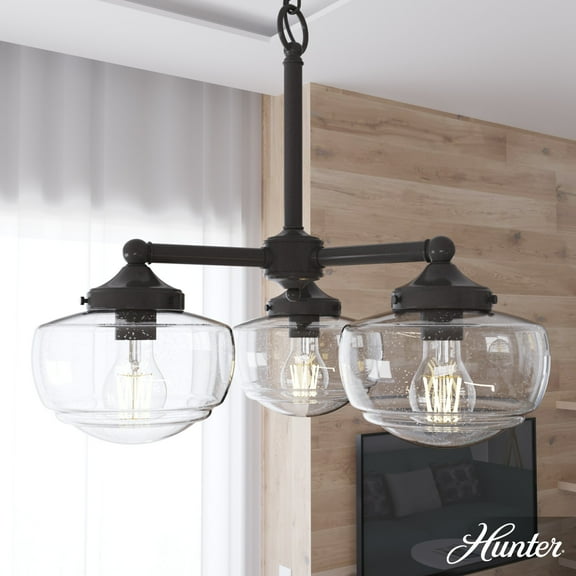 Hunter - Saddle Creek 3-light Noble Bronze, Medium Size Chandelier, Dimmable, Schoolhouse Style, Candle Shaped, for Bedrooms, Dining, Living Rooms - 19358