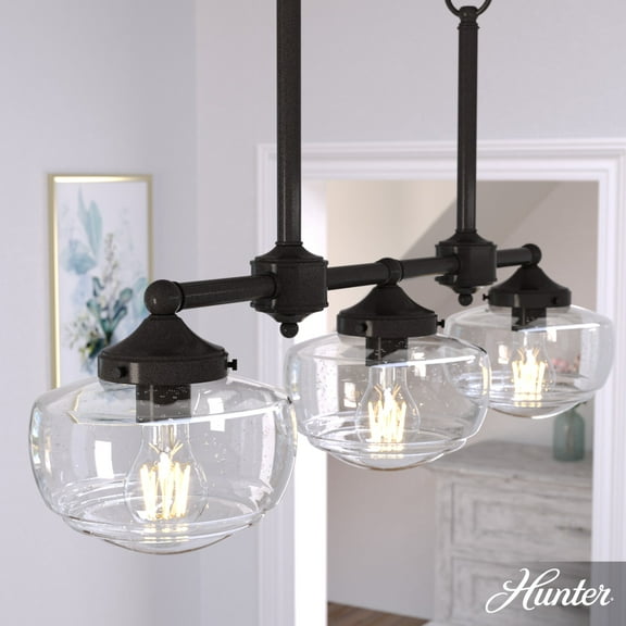 Hunter - Saddle Creek 3-light Noble Bronze, Large Chandelier, Dimmable, Schoolhouse Style, Linear Shaped, for Bedrooms, Dining, Living Rooms - 19491