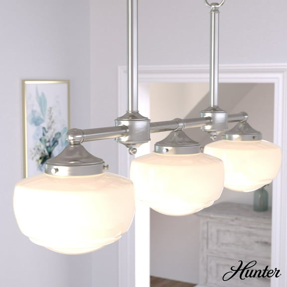 Hunter - Saddle Creek 3-light Brushed Nickel, Large Chandelier, Dimmable, Schoolhouse Style, Linear Shaped, for Bedrooms, Dining, Living Rooms - 19488