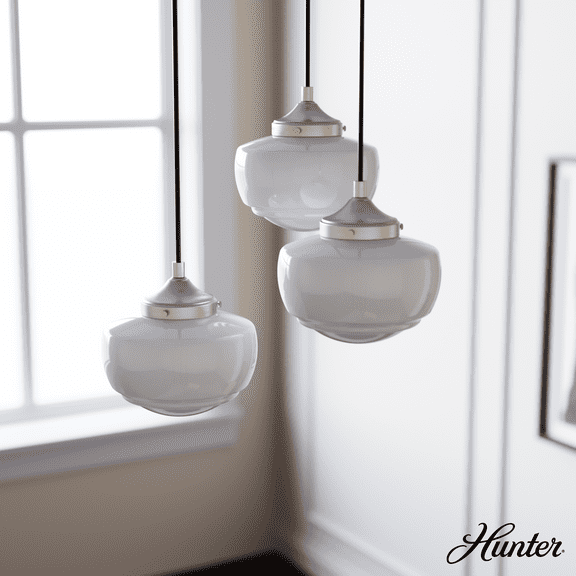 Hunter - Saddle Creek 3-light Brushed Nickel, Medium Size Cluster Light, Dimmable, Schoolhouse Style, Round Shaped, for Bedrooms, Kitchens, Dining, Living Rooms - 19500