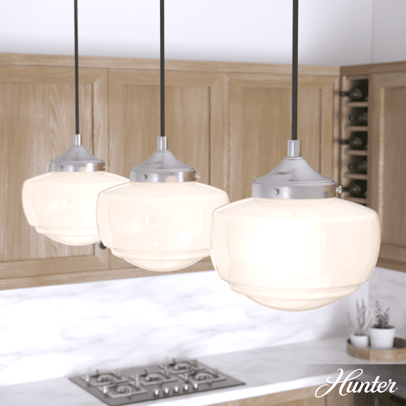 Hunter - Saddle Creek 3-light Brushed Nickel, Large Cluster Light, Dimmable, Schoolhouse Style, Linear Shaped, for Bedrooms, Kitchens, Dining, Living Rooms - 19496