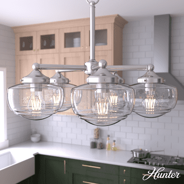 Hunter - Saddle Creek 5-light Brushed Nickel, Large Chandelier, Dimmable, Schoolhouse Style, Candle Shaped, for Bedrooms, Kitchens, Dining, Living Rooms - 19360