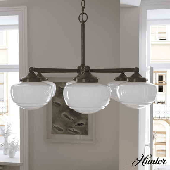 Hunter - Saddle Creek 6-light Noble Bronze, Large Chandelier, Dimmable, Schoolhouse Style, Candle Shaped, for Bedrooms, Kitchens, Dining, Living Rooms - 19120