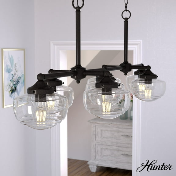 Hunter - Saddle Creek 7-light Noble Bronze, Extra Large Chandelier, Dimmable, Schoolhouse Style, Schoolhouse Shaped, for Bedrooms, Dining, Living Rooms - 19495