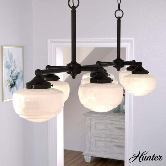 Hunter - Saddle Creek 7-light Noble Bronze, Extra Large Chandelier, Dimmable, Schoolhouse Style, Linear Shaped, for Bedrooms, Dining, Living Rooms - 19494