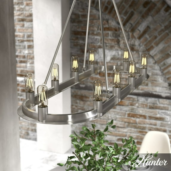 Hunter - Saddlewood 10-light Brushed Nickel, Extra Large Chandelier, Dimmable, Casual Style, Linear Shaped, for Bedrooms, Dining, Living Rooms - 19028