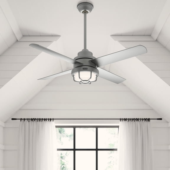 Hunter 54 inch Outdoor or Indoor Ceiling Fan with LED Light - Ceiling Fan with Wall Control, For Patio, Garage, or Porch, Quiet, Standard Mount, 4 Blades - Searow 55085, Matte Silver