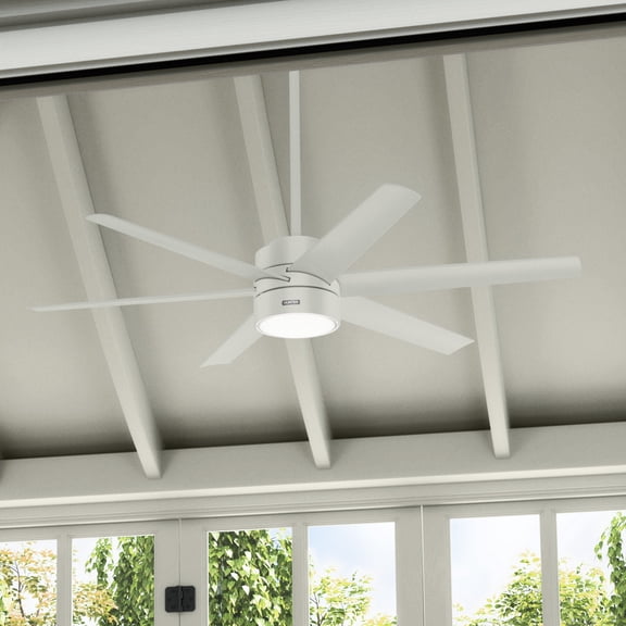 Hunter 60 inch Outdoor or Indoor Ceiling Fan with LED Light - White Ceiling Fan with Wall Control, For Patio, Garage, or Porch, Quiet, Standard Mount, 6 Blades - Solaria 51476, Fresh White
