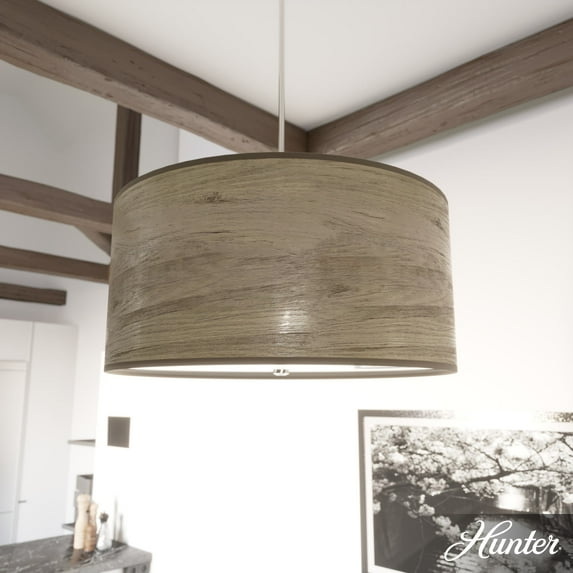 Hunter - Solhaven 4-light Warm Grey Oak, Large Pendant Light, Dimmable, Modern Style, Drum Shaped, for Bedrooms, Dining, Living Rooms - 19384