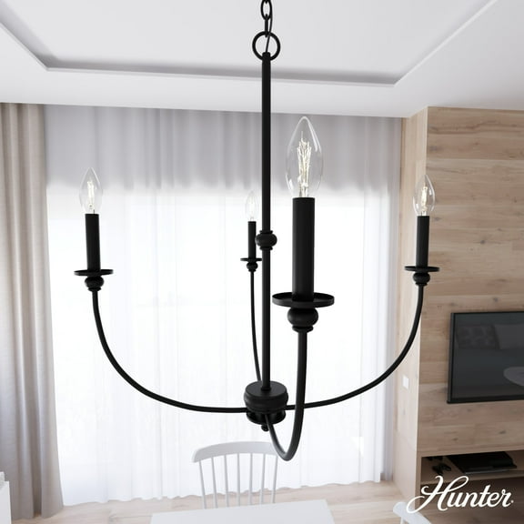 Hunter - Southcrest 4-light Matte Black, Large Chandelier, Dimmable, Casual Style, Candle Shaped, for Bedrooms, Dining, Living Rooms - 19636