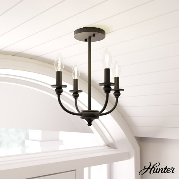 Hunter - Southcrest 4-light Matte Black, Medium Size Flush Mount Light, Dimmable, Traditional Style, Candle Shaped, for Bedrooms, Dining, Living Rooms - 19642