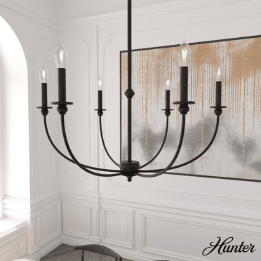 Hunter - Southcrest 6-light Matte Black, Large Chandelier, Dimmable, Casual Style, Candle Shaped, for Bedrooms, Kitchens, Dining, Living Rooms - 19634