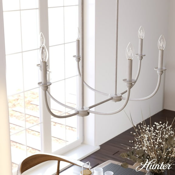Hunter - Southcrest 6-light Distressed White, Large Chandelier, Dimmable, Linear Shaped, for Bedrooms, Dining, Living Rooms - 19645