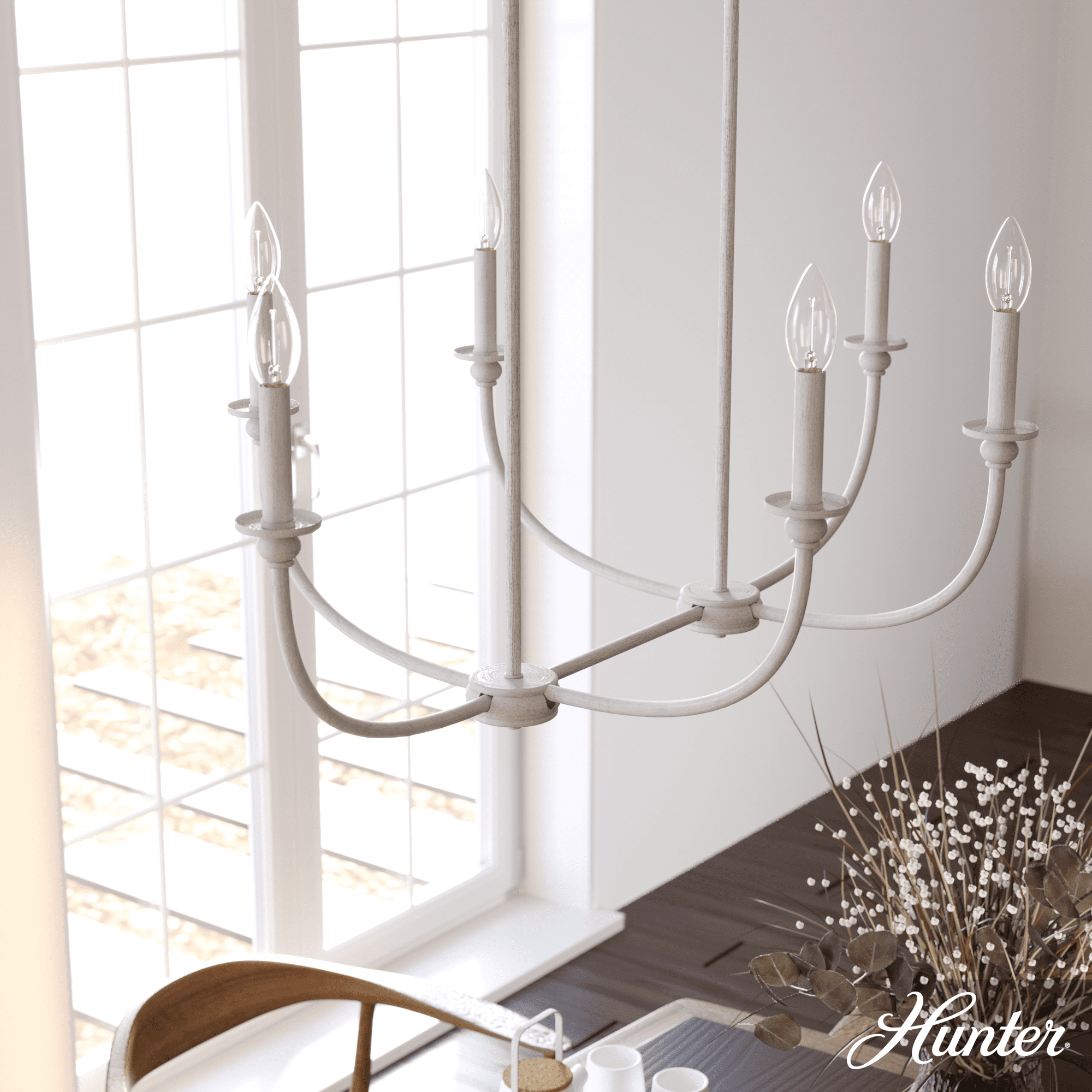 Southcrest Distressed White 36" Linear Chandelier with 6 Lights