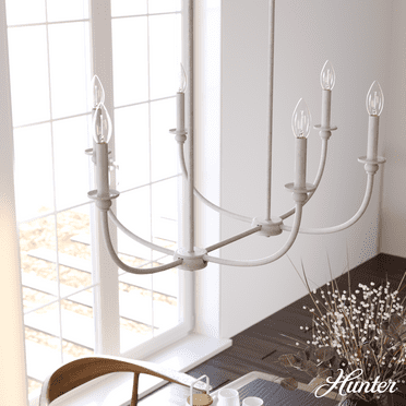 Hunter - Southcrest 6-light Distressed White, Large Chandelier, Dimmable, Linear Shaped, for Bedrooms, Kitchens, Dining, Living Rooms - 19645