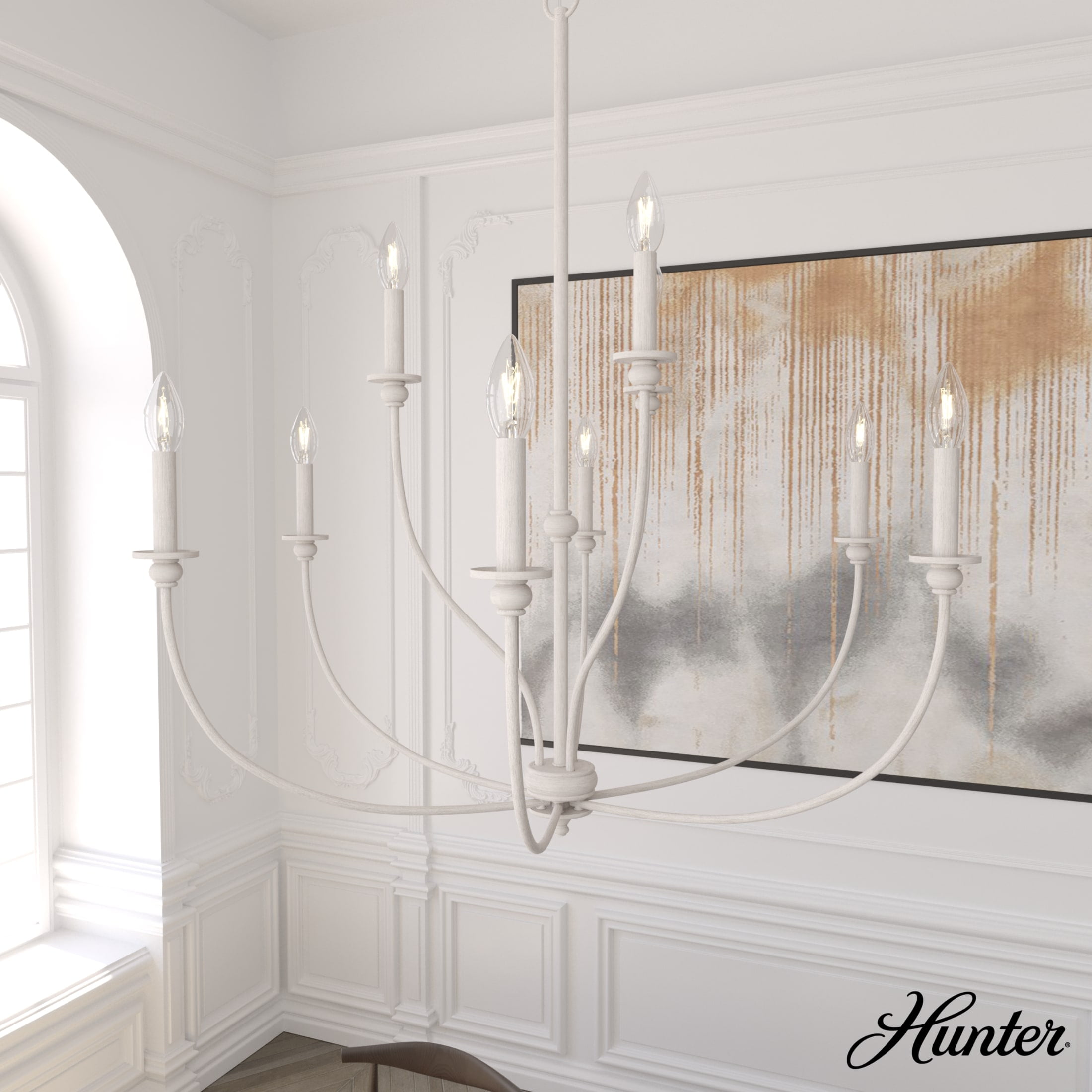 Hunter - Southcrest 9-light Distressed White, Large Chandelier, Dimmable, Casual Style, Candle Shaped, for Bedrooms, Dining, Living Rooms - 19633
