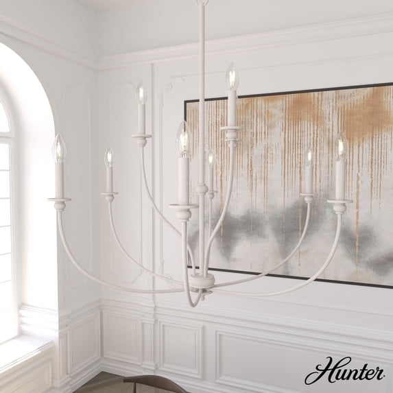 Hunter - Southcrest 9-light Distressed White, Large Chandelier, Dimmable, Casual Style, Candle Shaped, for Bedrooms, Dining, Living Rooms - 19633