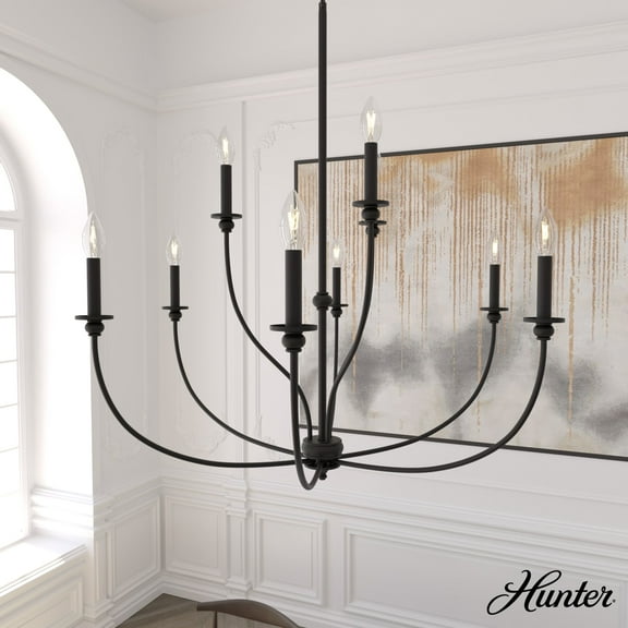 Hunter - Southcrest 9-light Matte Black, Large Chandelier, Dimmable, Casual Style, Candle Shaped, for Bedrooms, Dining, Living Rooms - 19632