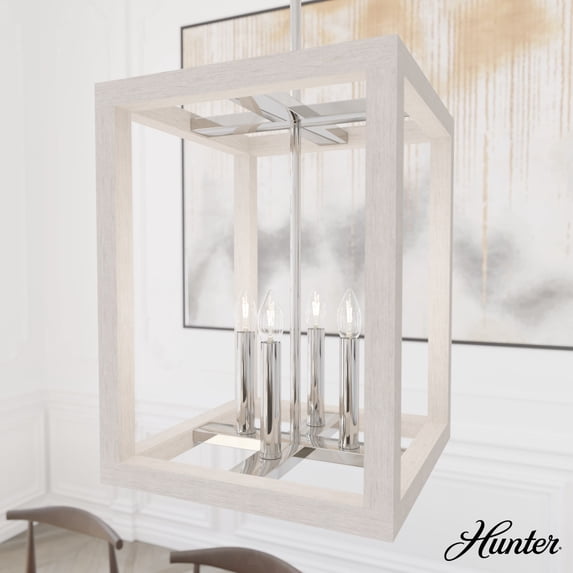 Hunter - Squire Manor 4-light Chrome, Medium Size Pendant Light, Dimmable, Modern Style, Rectangle Shaped, for Bedrooms, Dining, Living Rooms - 19480