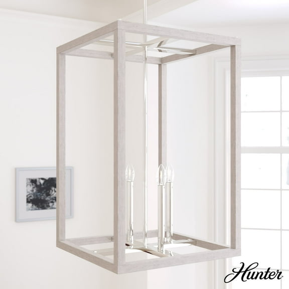 Hunter - Squire Manor 4-light Chrome, Medium Size Pendant Light, Dimmable, Modern Style, Rectangle Shaped, for Bedrooms, Dining, Living Rooms - 19038