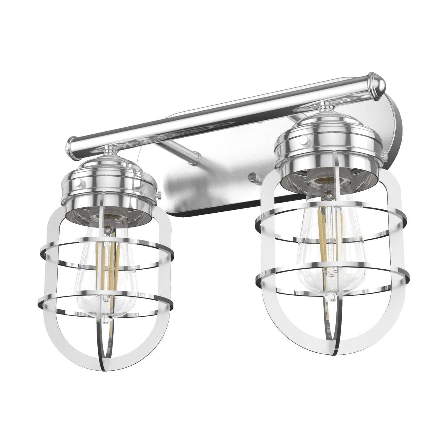 Chrome 2-Light Industrial Vanity Fixture with Caged Shades