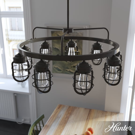 Hunter - Starklake 9-light Noble Bronze, Large Chandelier, Dimmable, Wagon Wheel Shaped, for Bedrooms, Dining, Living Rooms - 19662